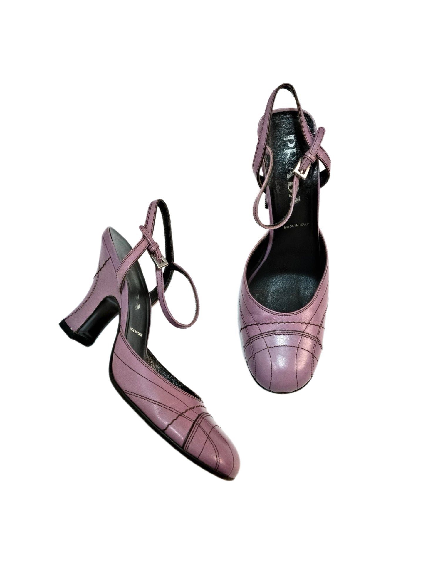 Prada Lavender Lambskin Slingback Heels – Vintage Grid Stitch Block Heel Sandals (Size 36.5)