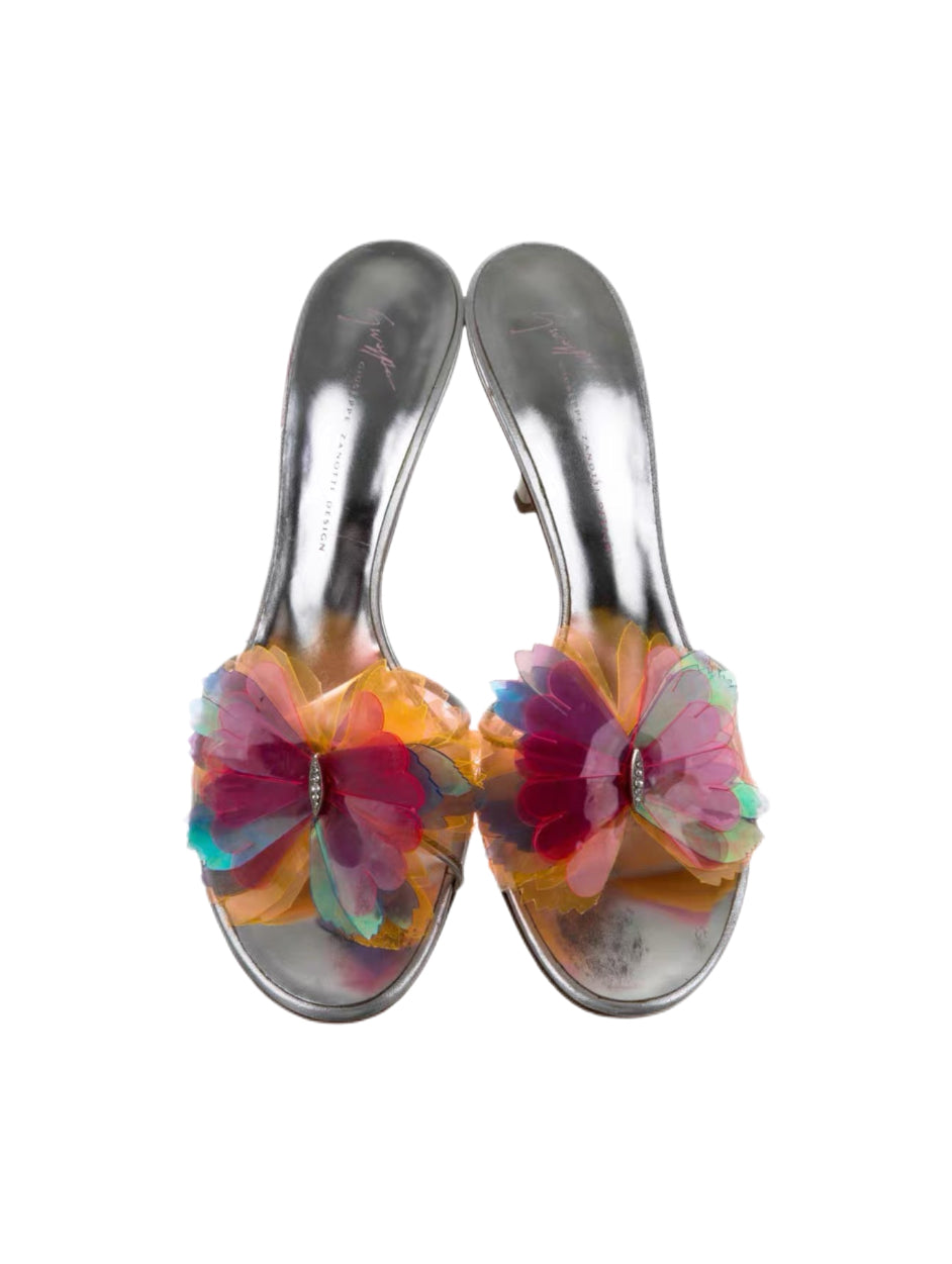 Giuseppe Zanotti Silver Iridescent Floral Mule Heels – Vintage Runway Multicolor Organza Petal Sandals (Size 38)