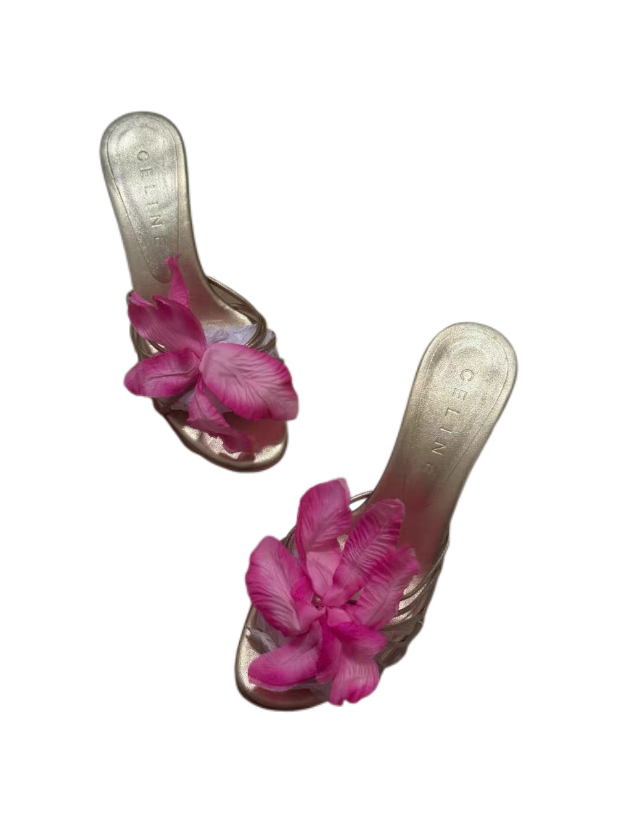 Celine Gold Floral Statement Mule Heels – Vintage Runway Sculptural Petal Sandals (Size 36)