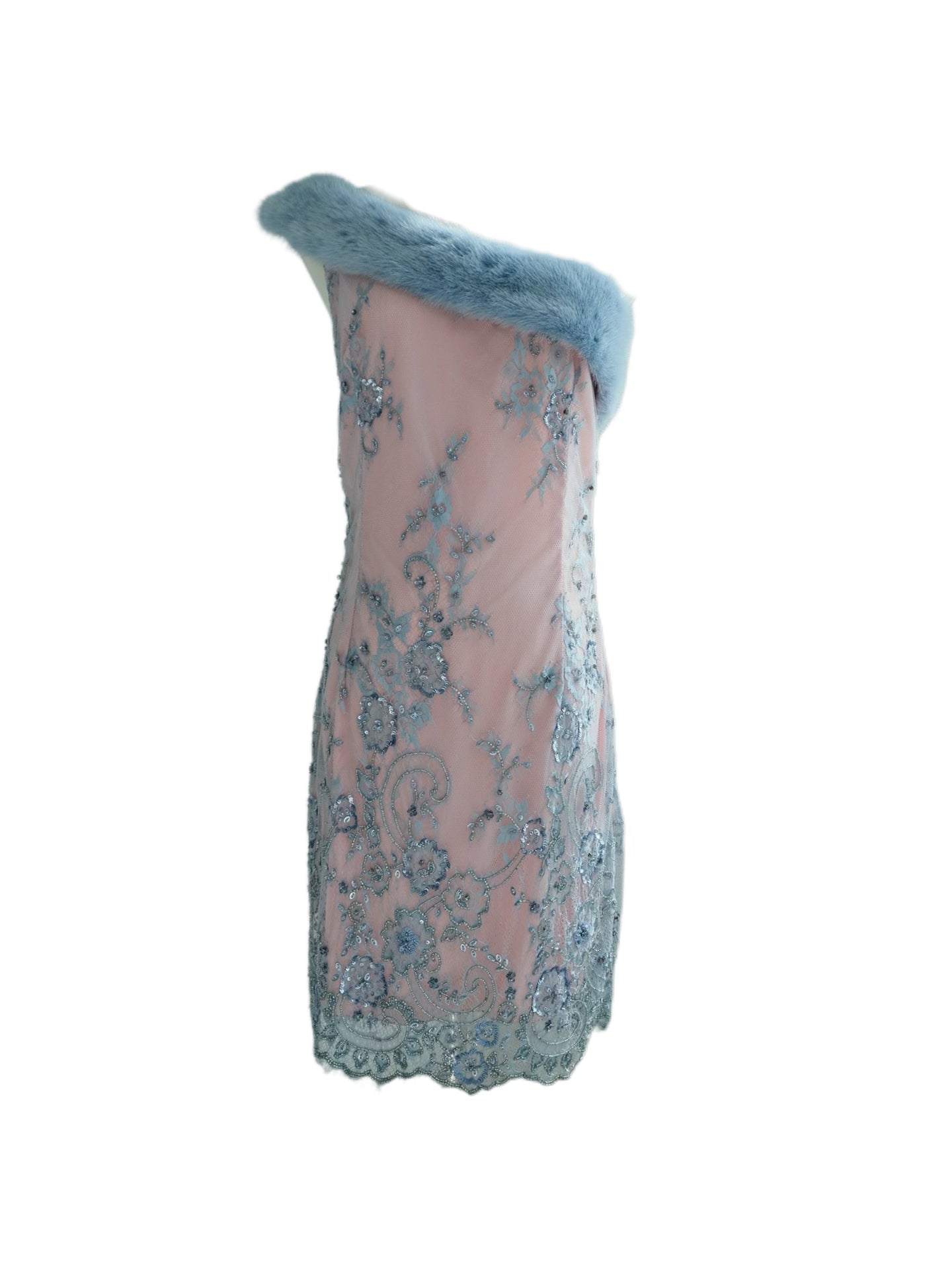 Blumarine One-Shoulder Embellished Lace Dress with Fur Trim – Runway Pink & Ice Blue Beaded Evening Gown (Size 40, New with Tags)
