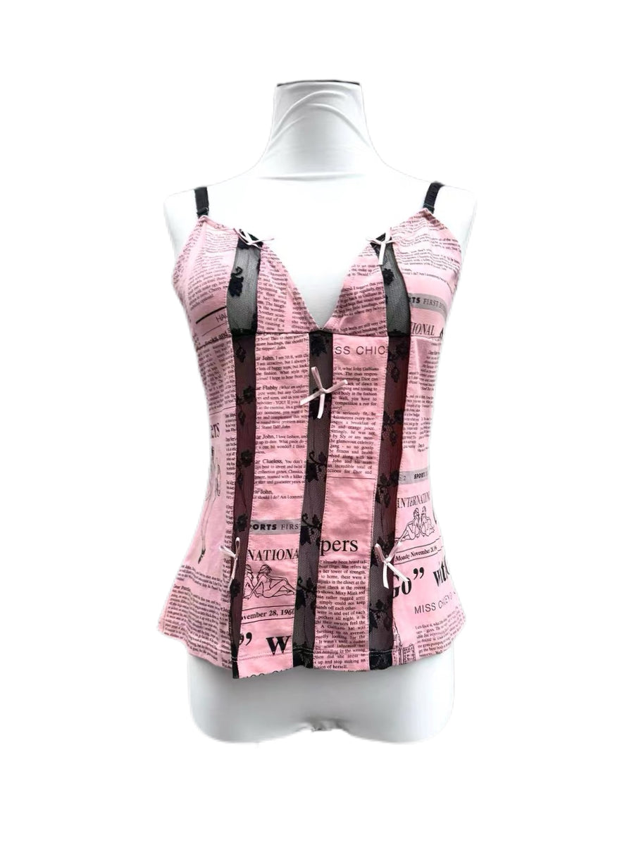 John Galliano Pink Newspaper Print Bow Corset Top – Archive Editorial Lace Panel Camisole