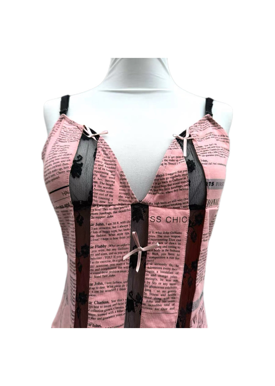 John Galliano Pink Newspaper Print Bow Corset Top – Archive Editorial Lace Panel Camisole
