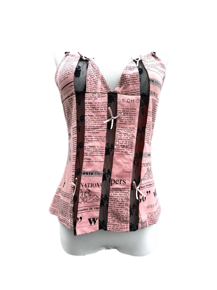 John Galliano Pink Newspaper Print Bow Corset Top – Archive Editorial Lace Panel Camisole
