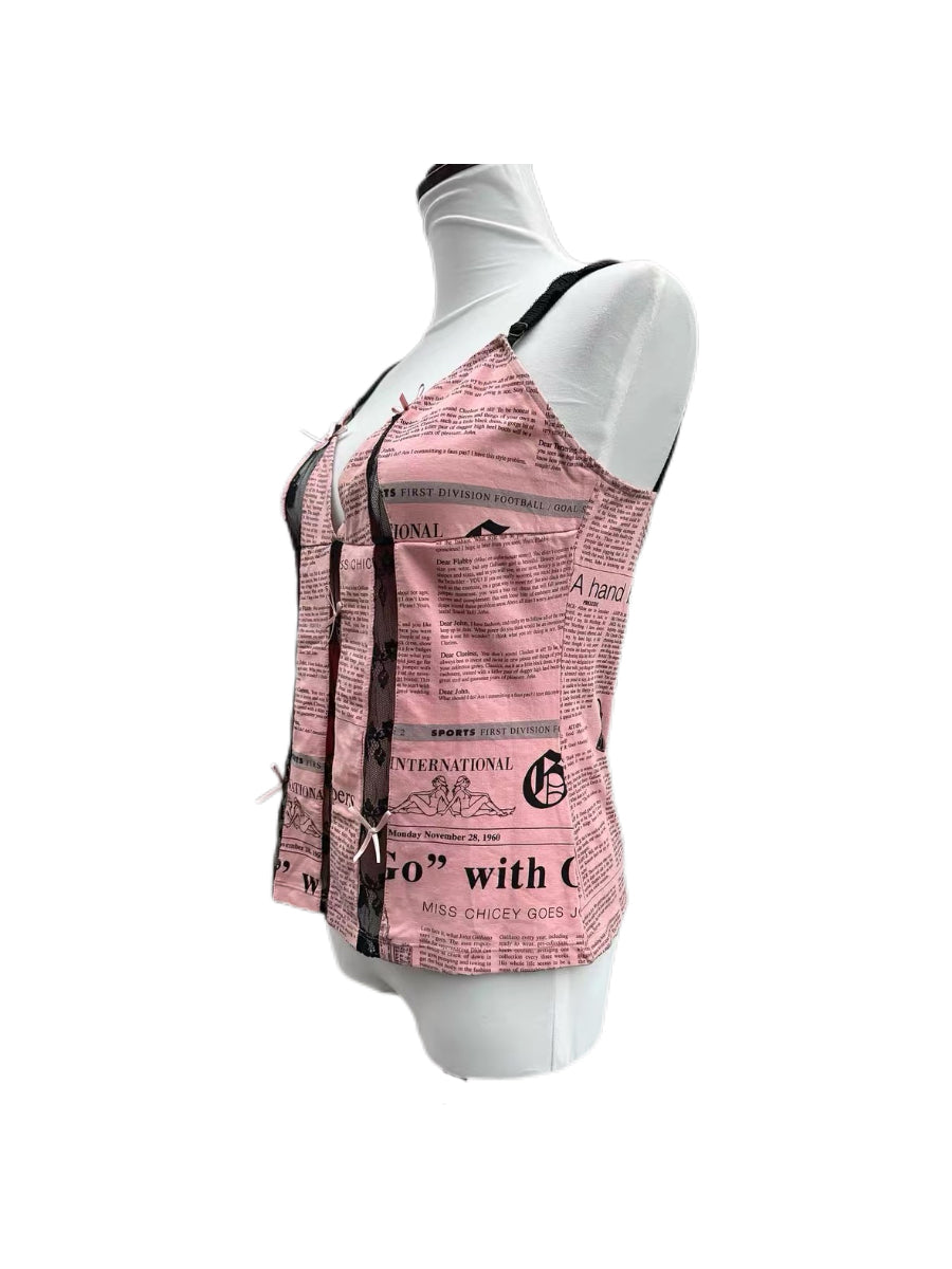 John Galliano Pink Newspaper Print Bow Corset Top – Archive Editorial Lace Panel Camisole