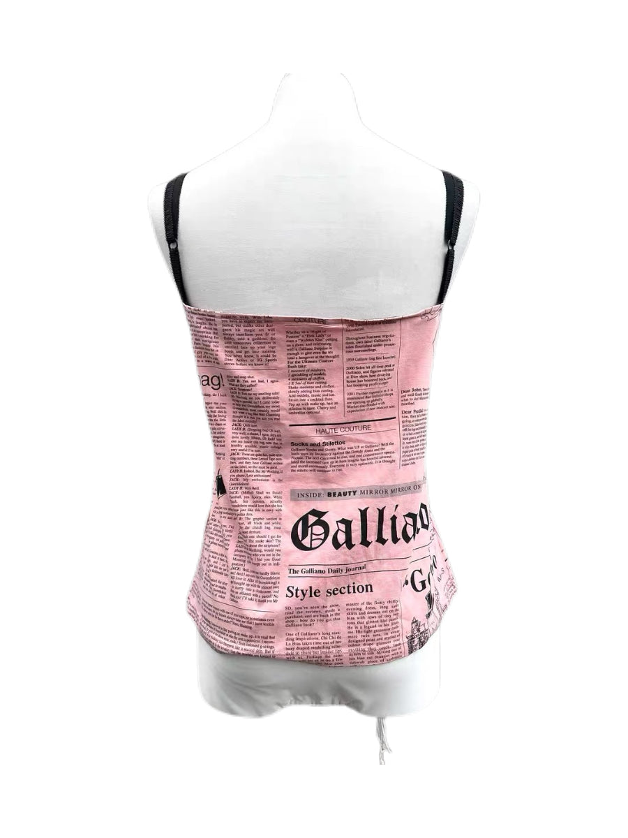 John Galliano Pink Newspaper Print Bow Corset Top – Archive Editorial Lace Panel Camisole