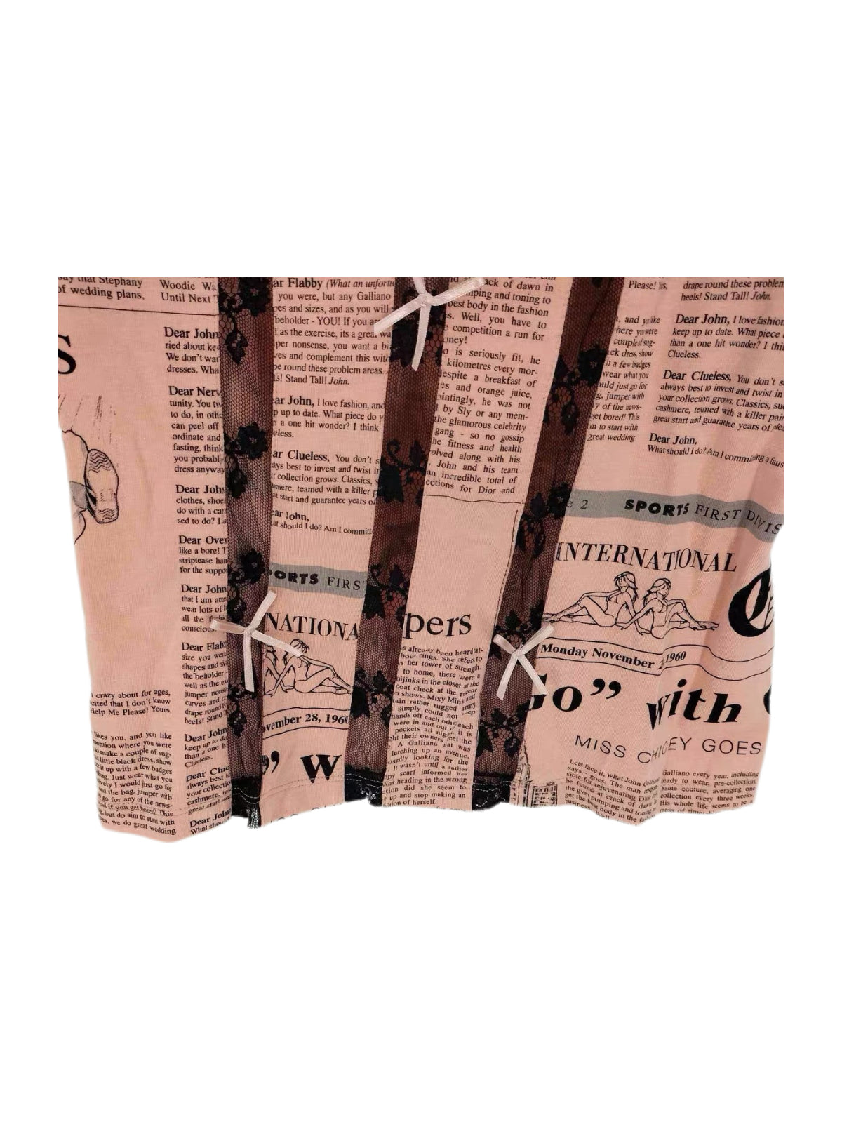 John Galliano Pink Newspaper Print Bow Corset Top – Archive Editorial Lace Panel Camisole