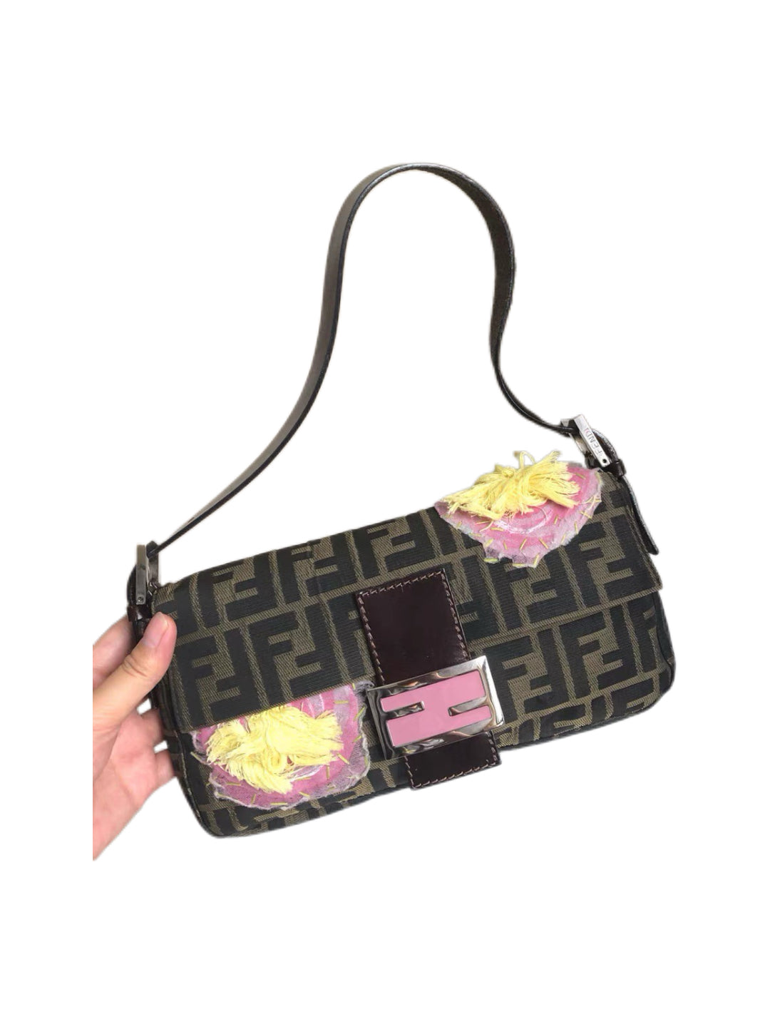 Fendi Zucca Embroidered Floral Baguette Bag – Limited Edition FF Canvas Pink Flower Appliqué Shoulder Bag