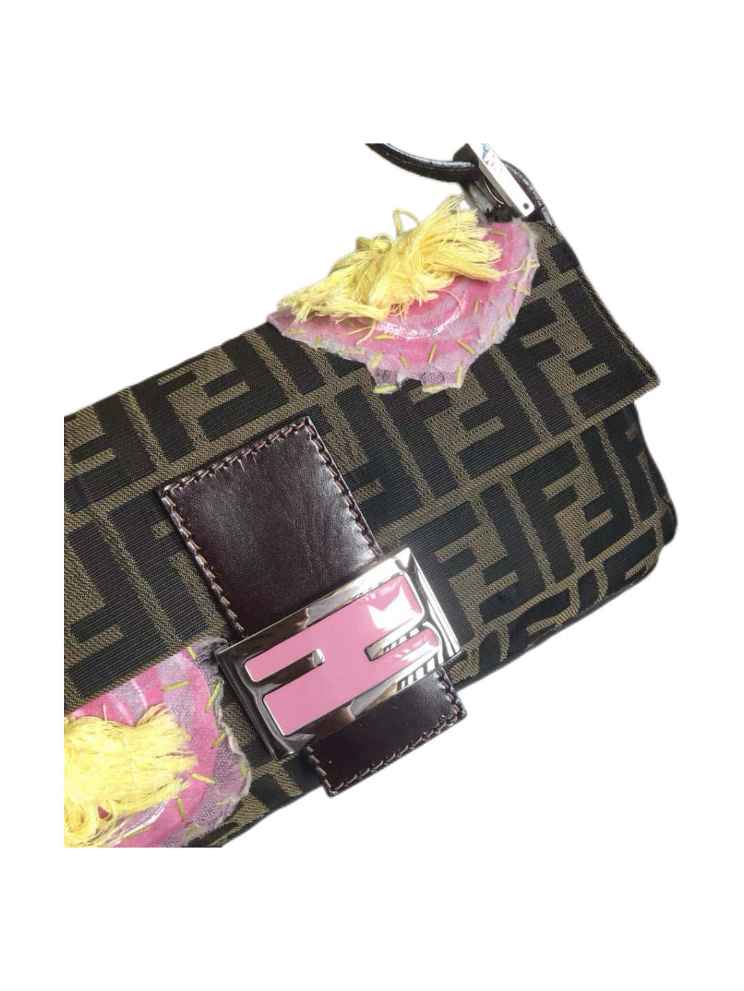 Fendi Zucca Embroidered Floral Baguette Bag – Limited Edition FF Canvas Pink Flower Appliqué Shoulder Bag