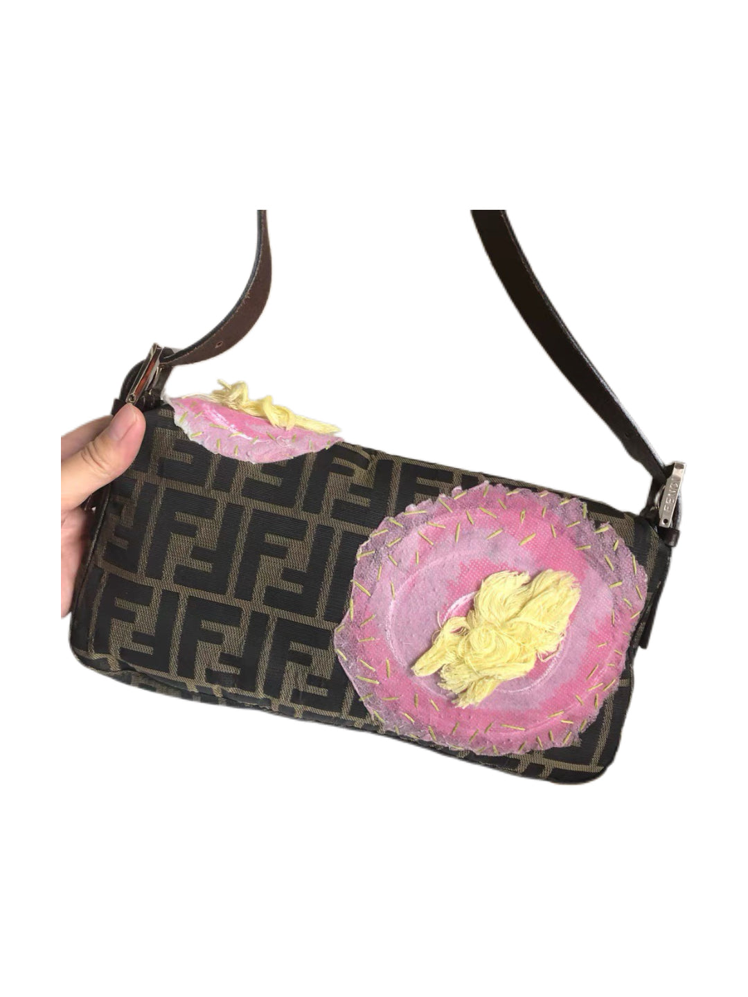 Fendi Zucca Embroidered Floral Baguette Bag – Limited Edition FF Canvas Pink Flower Appliqué Shoulder Bag