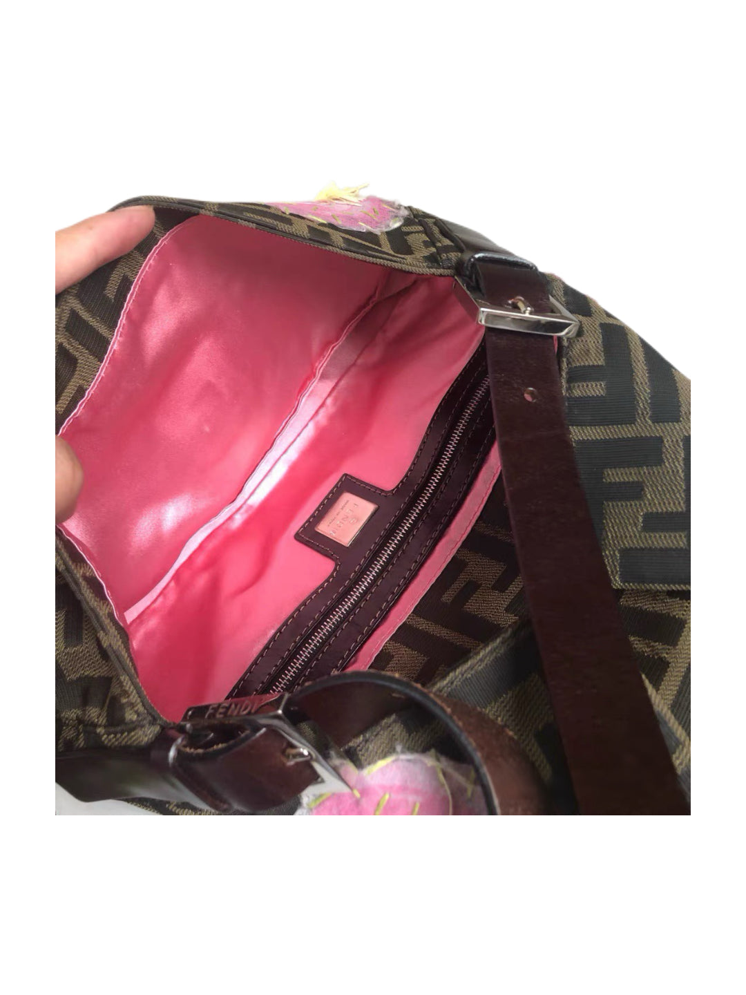 Fendi Zucca Embroidered Floral Baguette Bag – Limited Edition FF Canvas Pink Flower Appliqué Shoulder Bag