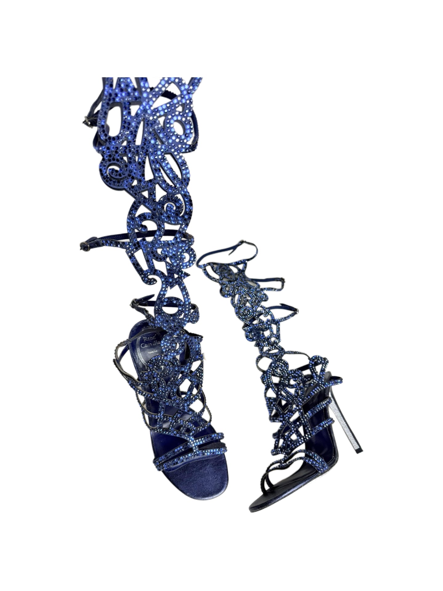 René Caovilla Crystal Gladiator Sandals – Y2K Archive Sapphire Blue Full Rhinestone Roman Heels Limited Edition