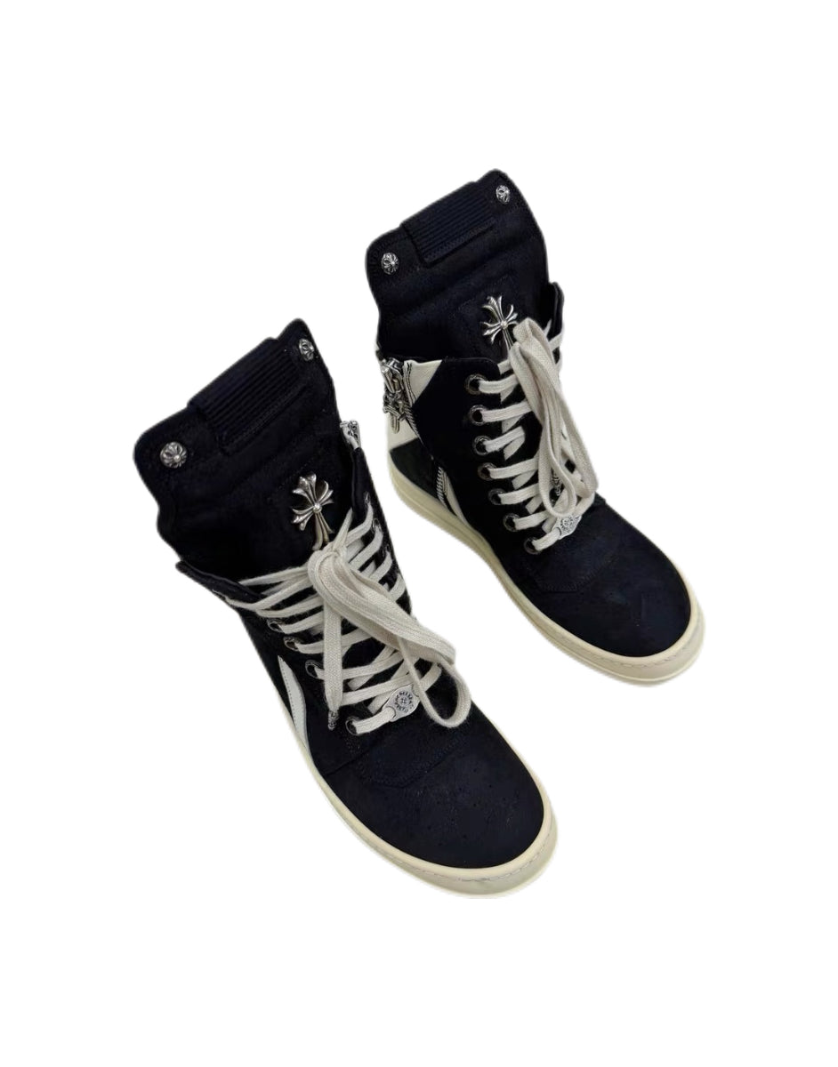 Rick Owens × Chrome Hearts Suede Geobasket High-Top Sneakers – Dagger Hardware Gothic Punk Collaboration Rare Archive Pair