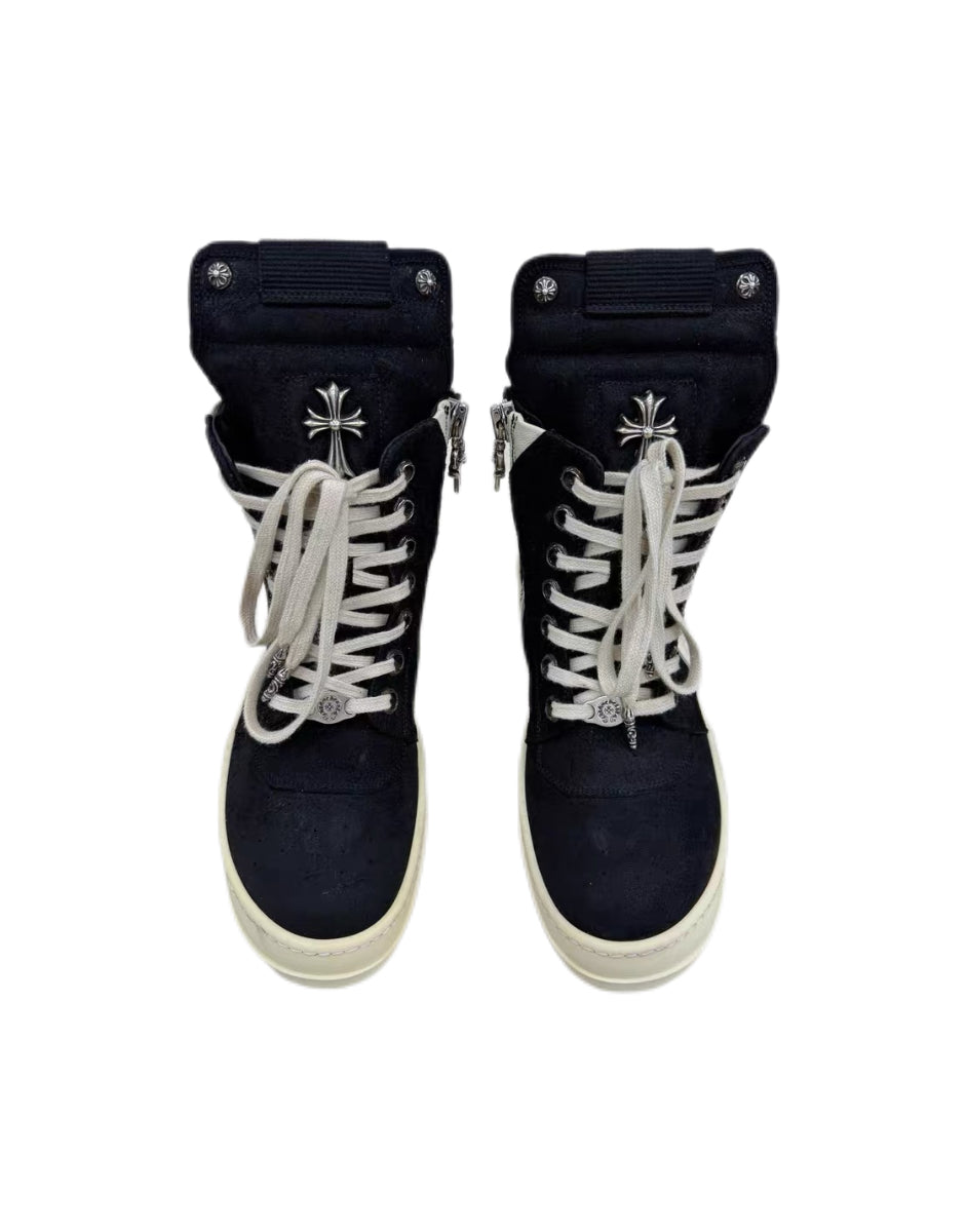 Rick Owens × Chrome Hearts Suede Geobasket High-Top Sneakers – Dagger Hardware Gothic Punk Collaboration Rare Archive Pair