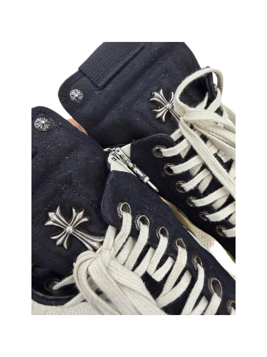 Rick Owens × Chrome Hearts Suede Geobasket High-Top Sneakers – Dagger Hardware Gothic Punk Collaboration Rare Archive Pair