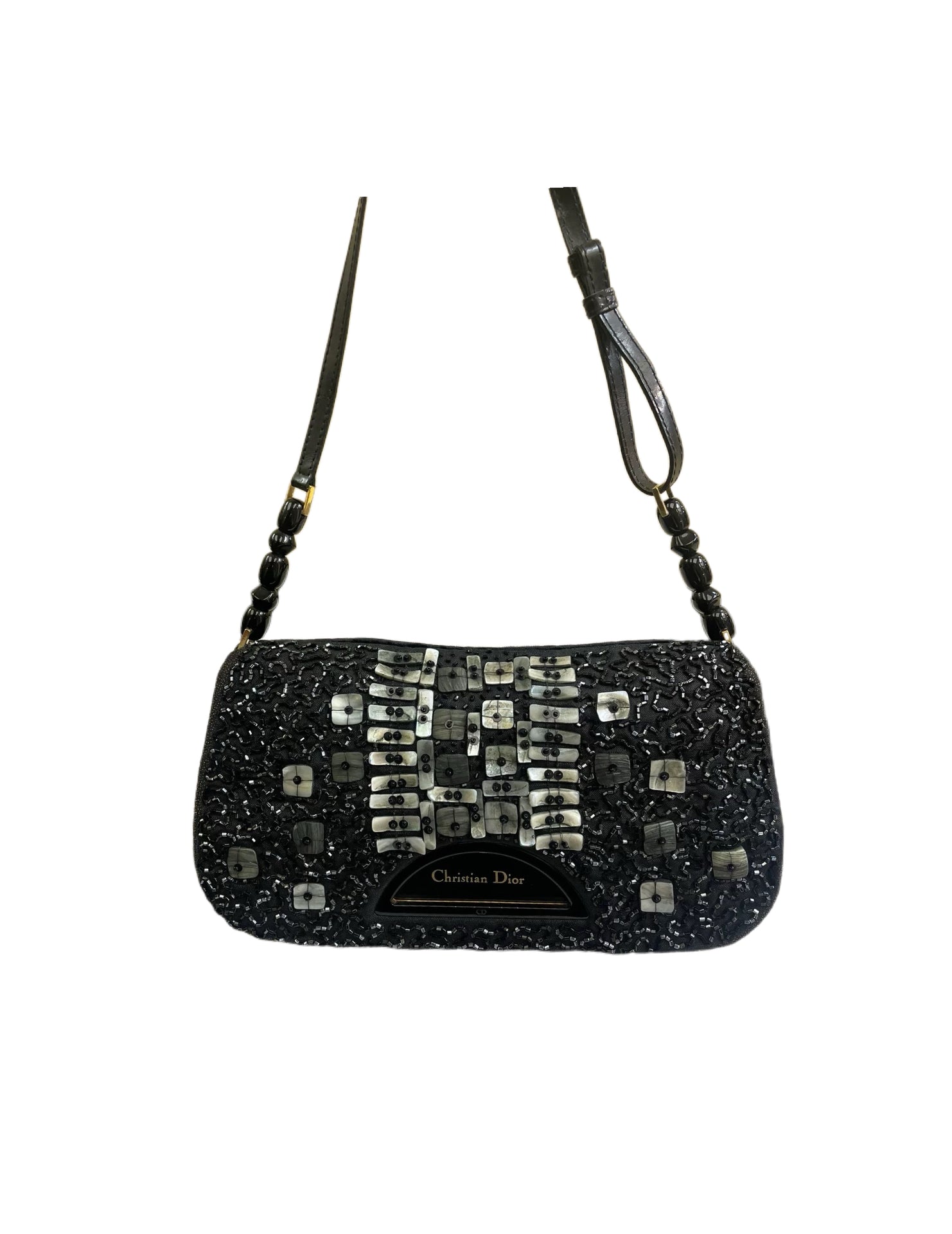 Christian Dior by John Galliano Limited Edition Beaded Mother-of-Pearl Half Moon Bag – Black Velvet Embroidered Runway Shoulder Bag (1 of 880)