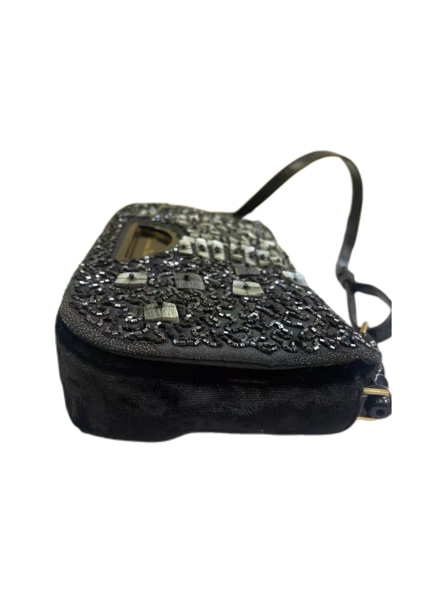 Christian Dior by John Galliano Limited Edition Beaded Mother-of-Pearl Half Moon Bag – Black Velvet Embroidered Runway Shoulder Bag (1 of 880)