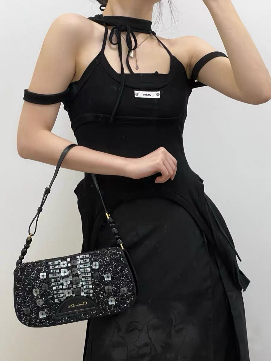 Christian Dior by John Galliano Limited Edition Beaded Mother-of-Pearl Half Moon Bag – Black Velvet Embroidered Runway Shoulder Bag (1 of 880)