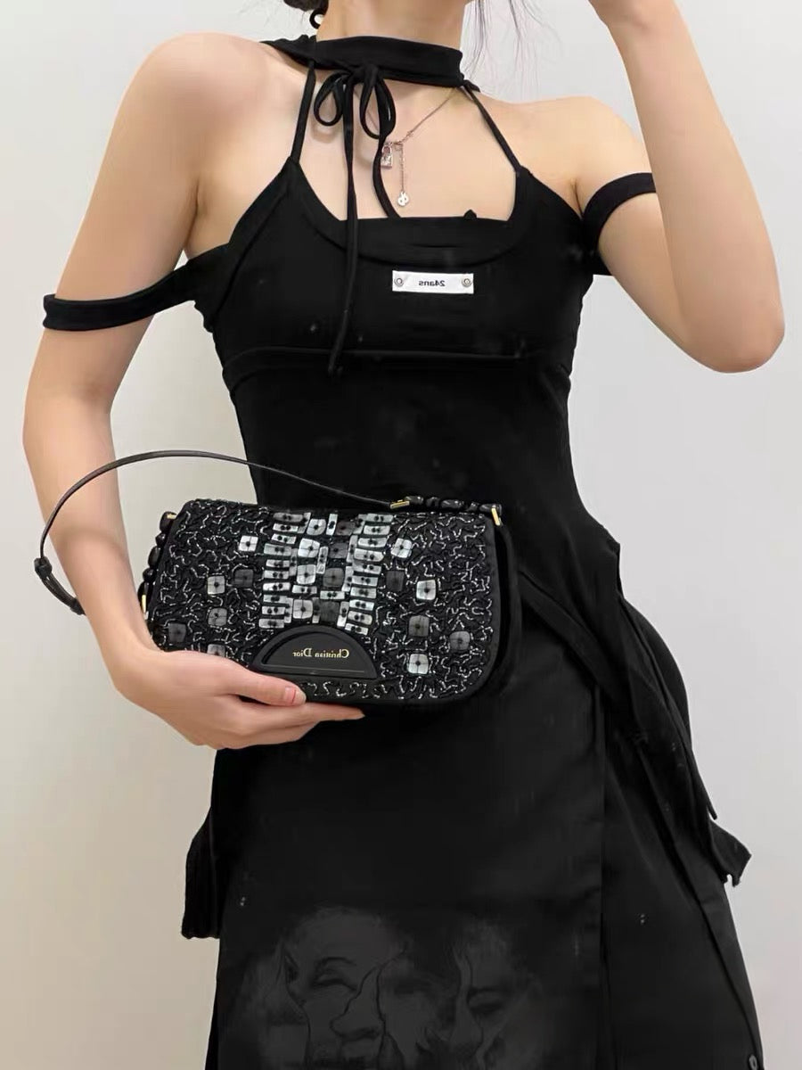 Christian Dior by John Galliano Limited Edition Beaded Mother-of-Pearl Half Moon Bag – Black Velvet Embroidered Runway Shoulder Bag (1 of 880)