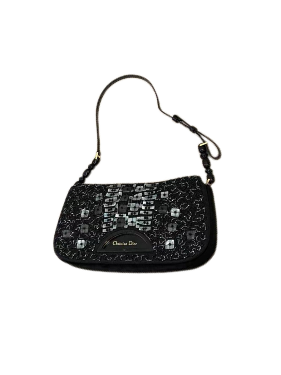 Christian Dior by John Galliano Limited Edition Beaded Mother-of-Pearl Half Moon Bag – Black Velvet Embroidered Runway Shoulder Bag (1 of 880)