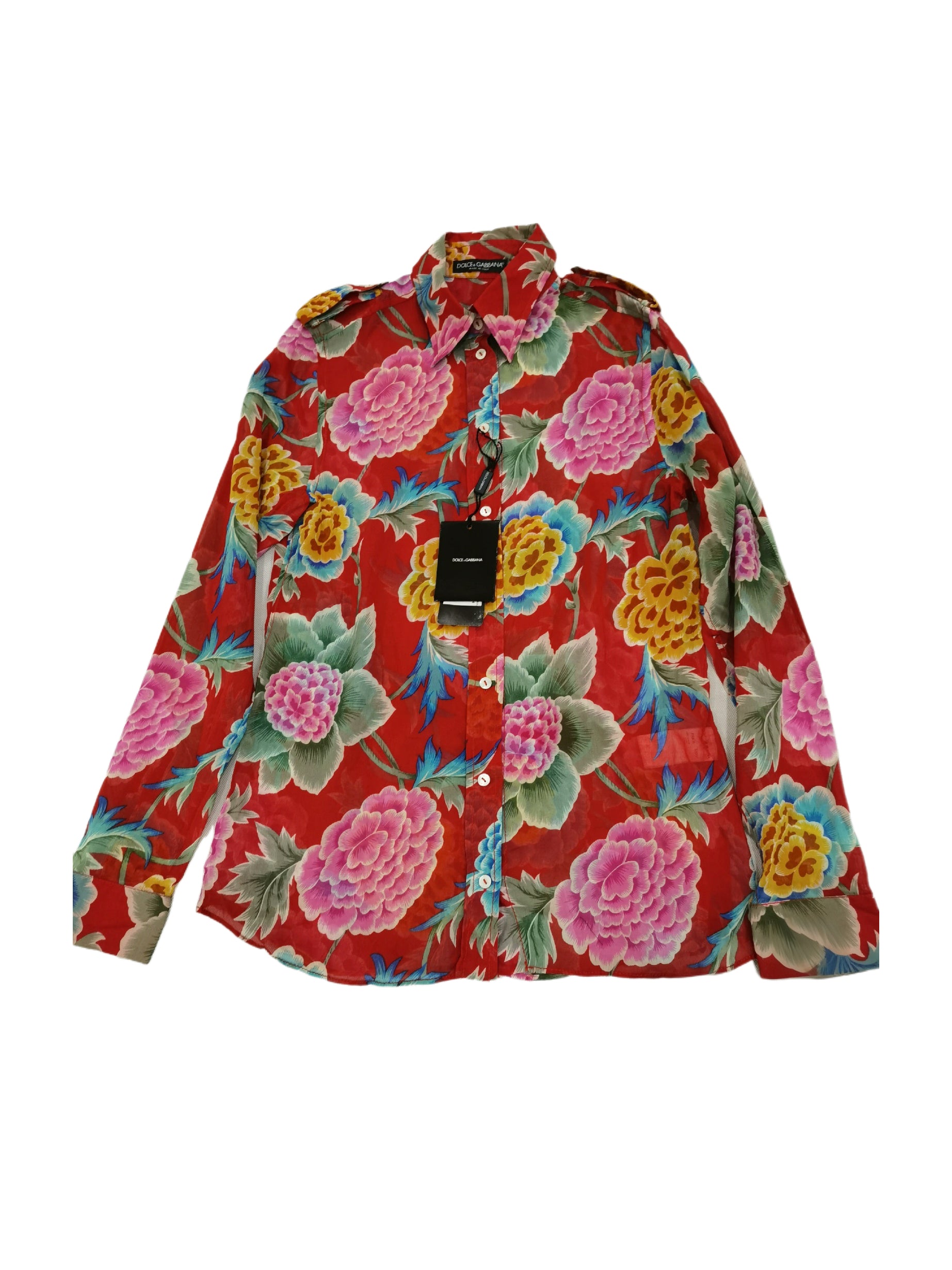 Dolce & Gabbana Chinese Peony Floral Silk Shirt – Runway Archive Red Print Blouse (Size IT40) Ultra Rare Collector Piece