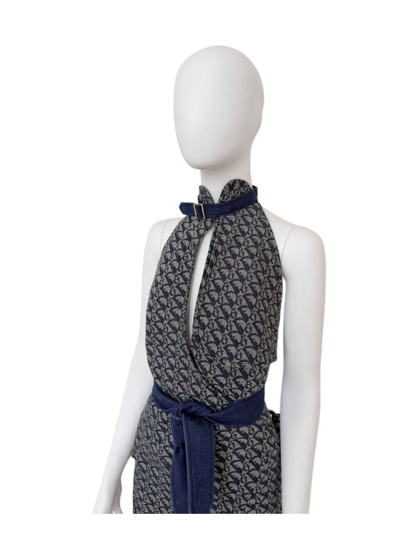 Christian Dior by John Galliano Spring/Summer2000 Runway Diorissimo Monogram Denim Halter Dress – Asymmetric Cut-Out Archive Piece (Size FR40)