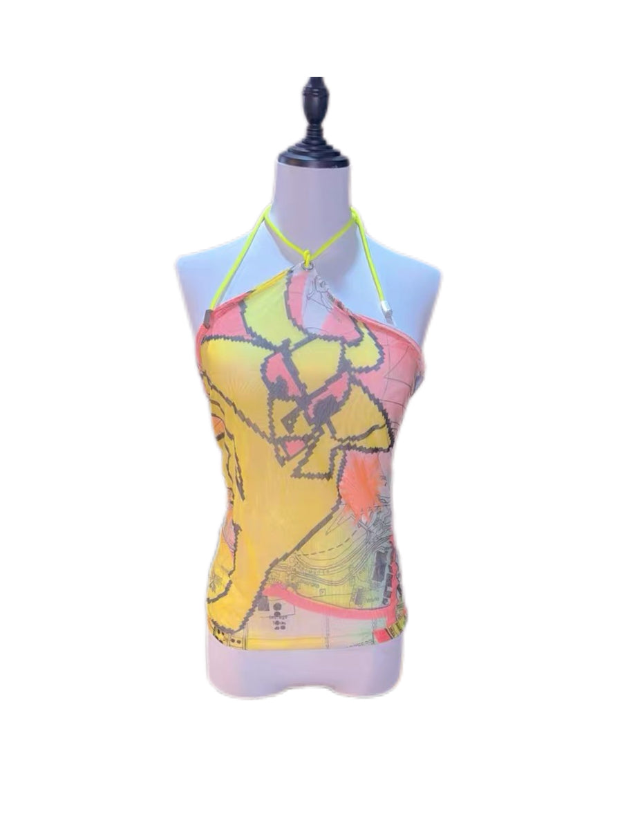 Christian Dior by John Galliano F/W 2001 Runway Map Print Halter Top – Rare Archive Graphic Mesh Camisole (Size FR40)