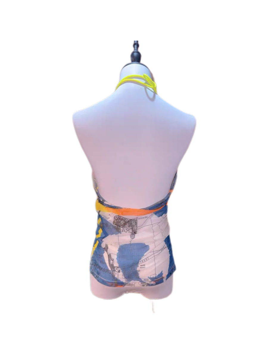 Christian Dior by John Galliano F/W 2001 Runway Map Print Halter Top – Rare Archive Graphic Mesh Camisole (Size FR40)