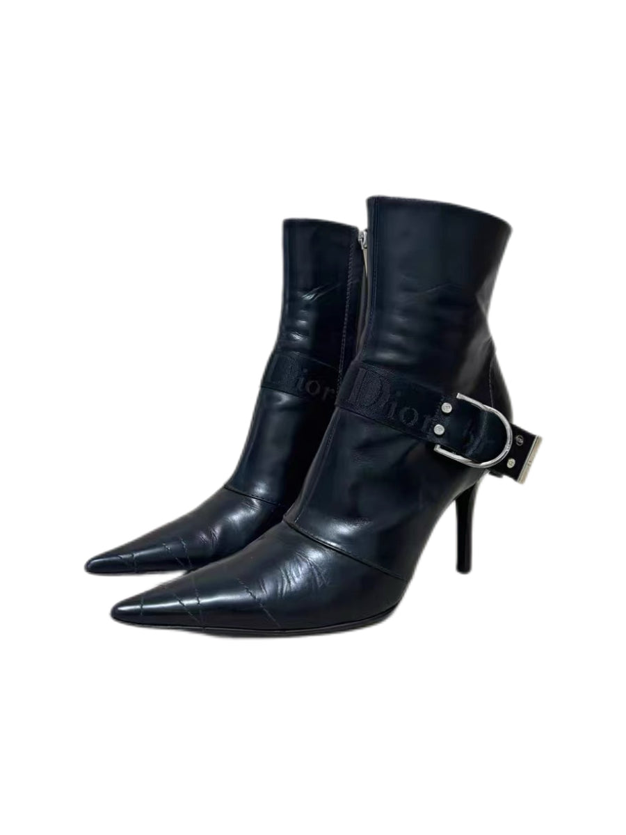 Christian Dior by John Galliano Black Pointed Toe Buckle Ankle Boots – Runway Campaign Punk Strap Stiletto Boots (Size 38.5)