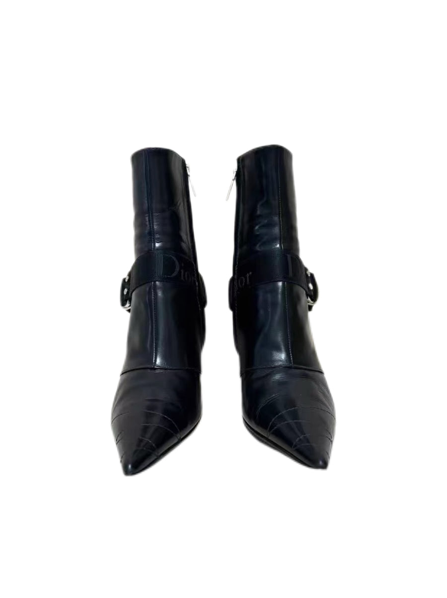 Christian Dior by John Galliano Black Pointed Toe Buckle Ankle Boots – Runway Campaign Punk Strap Stiletto Boots (Size 38.5)