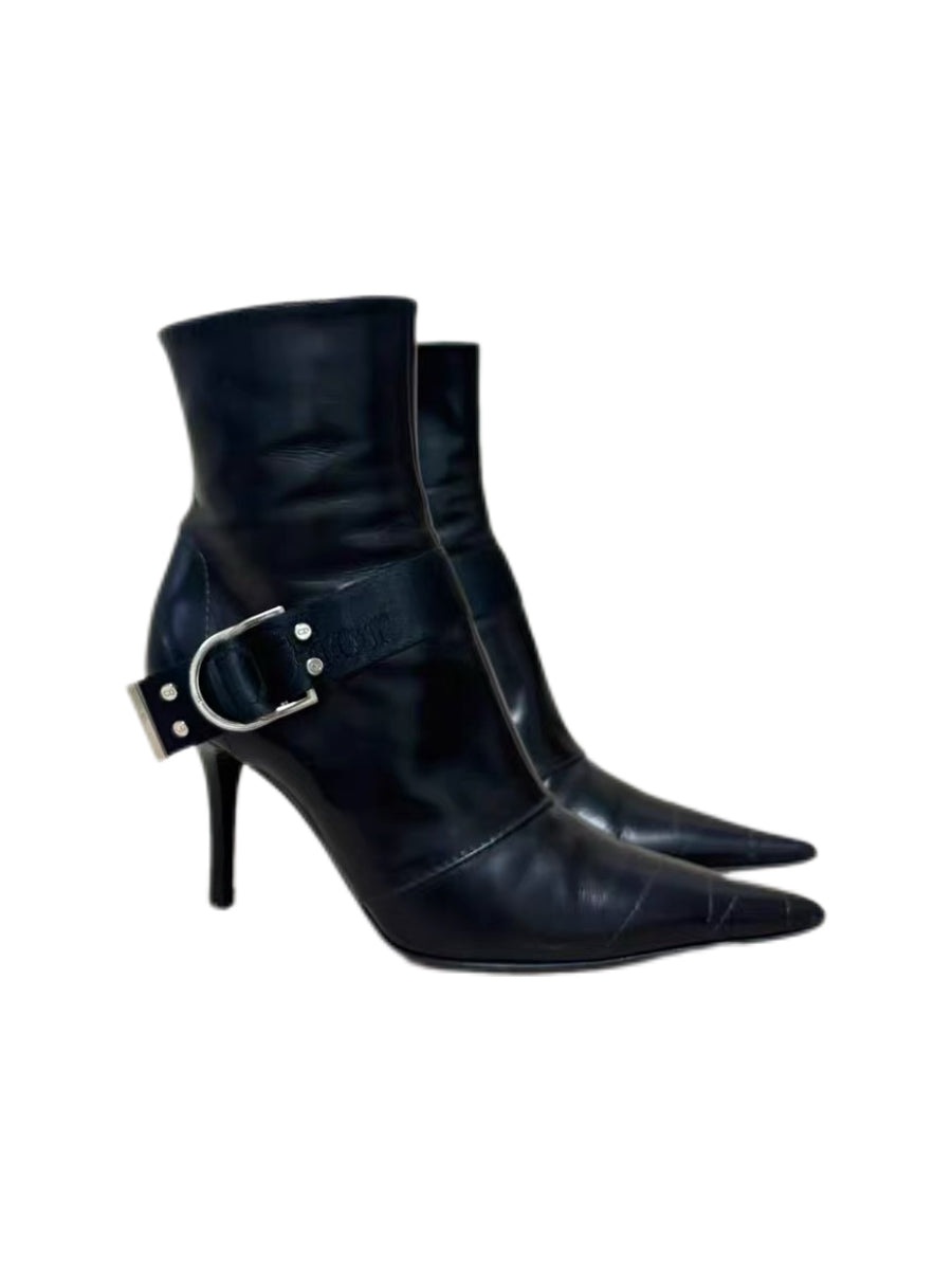 Christian Dior by John Galliano Black Pointed Toe Buckle Ankle Boots – Runway Campaign Punk Strap Stiletto Boots (Size 38.5)