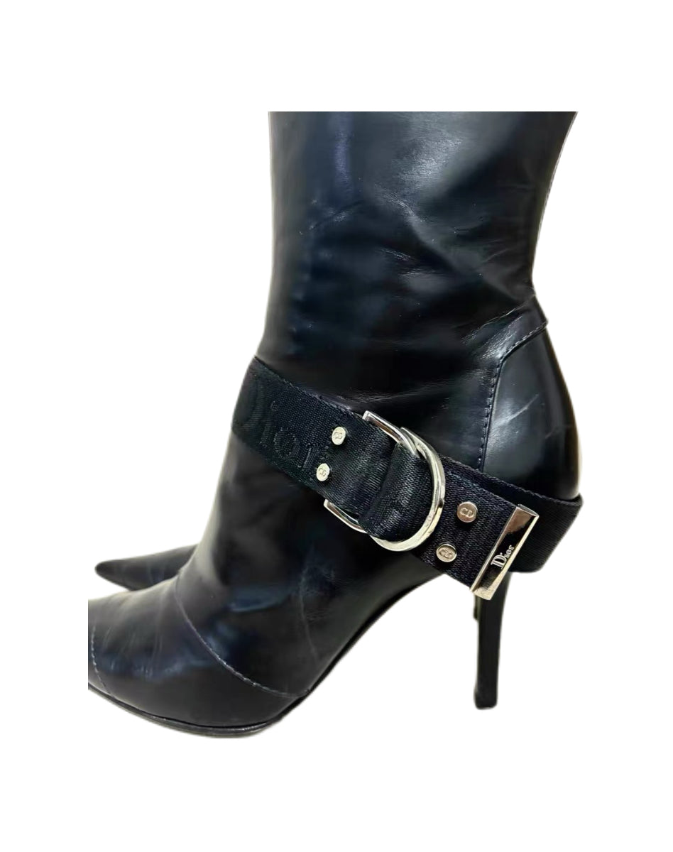 Christian Dior by John Galliano Black Pointed Toe Buckle Ankle Boots – Runway Campaign Punk Strap Stiletto Boots (Size 38.5)