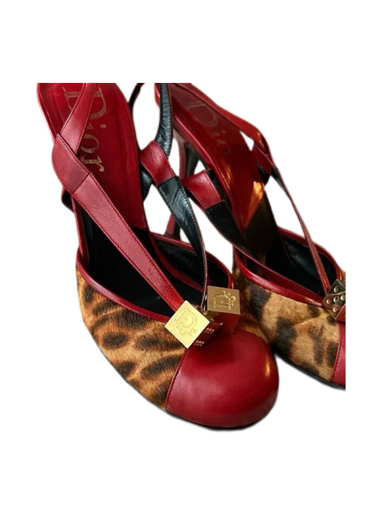 Christian Dior by John Galliano Leopard Pony Hair Dice Detail Slingback Heels – Early 2000s Archive Piece