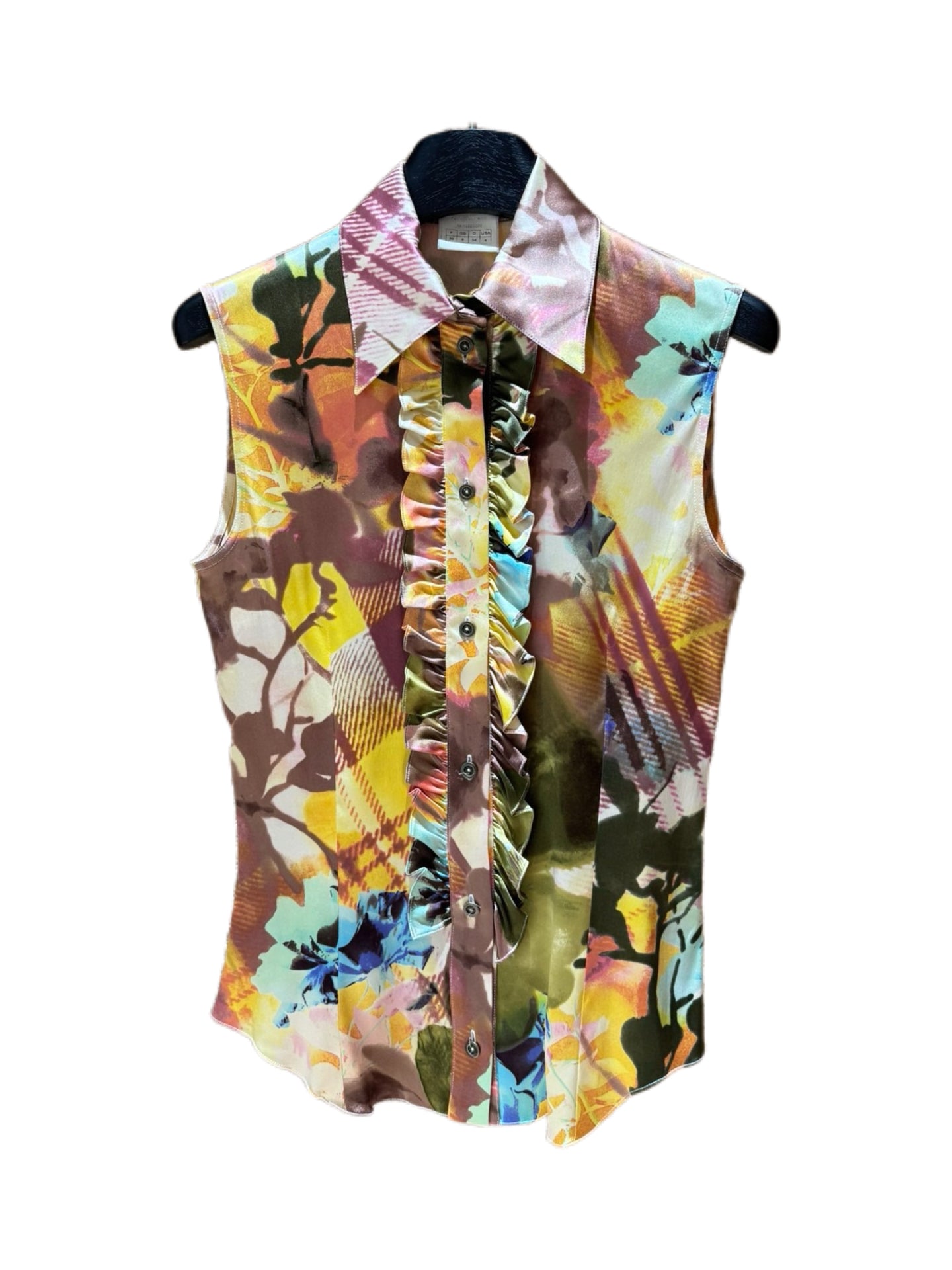 Christian Dior by John Galliano FW2001 Abstract Floral Print Silk Ruffle Sleeveless Blouse