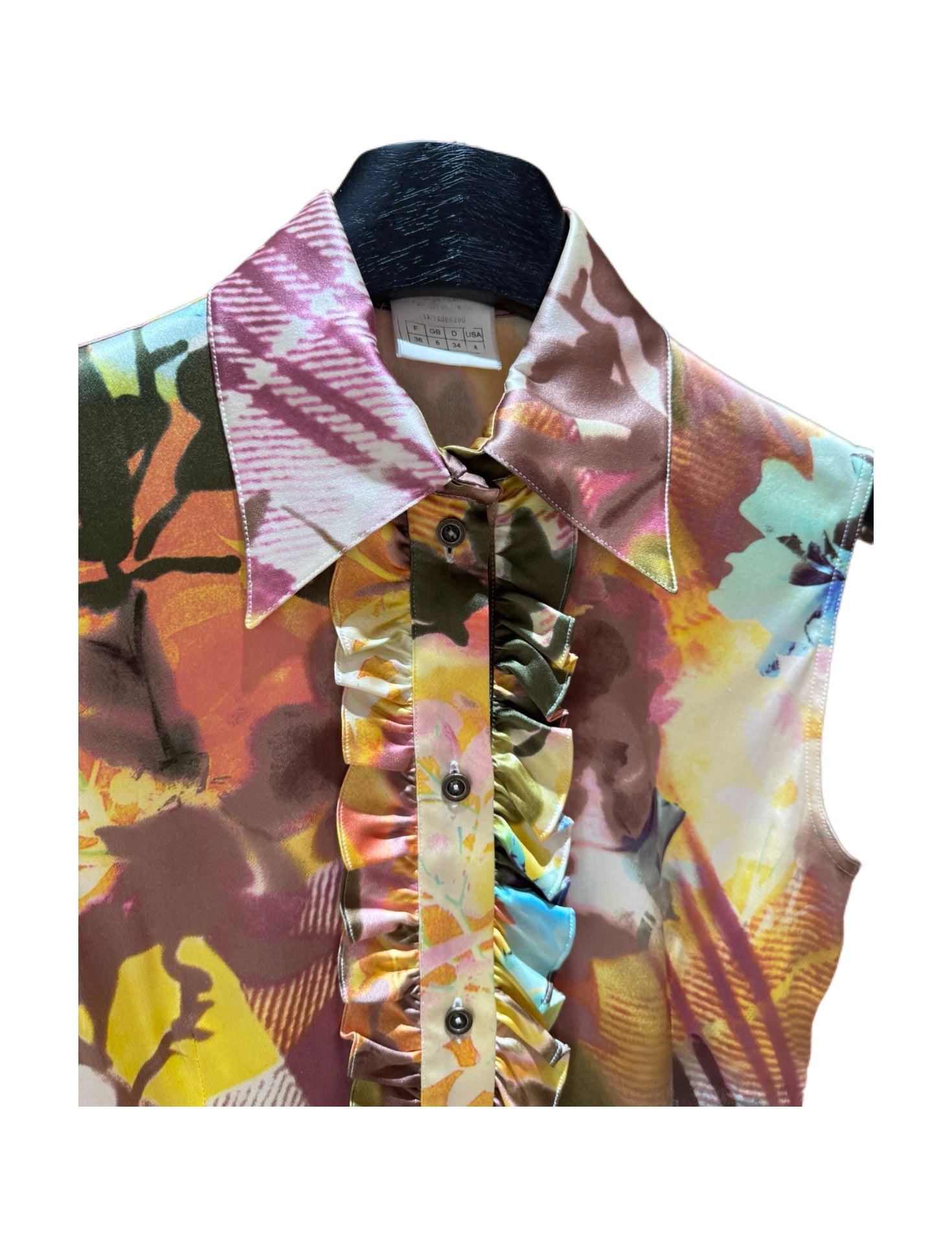 Christian Dior by John Galliano FW2001 Abstract Floral Print Silk Ruffle Sleeveless Blouse