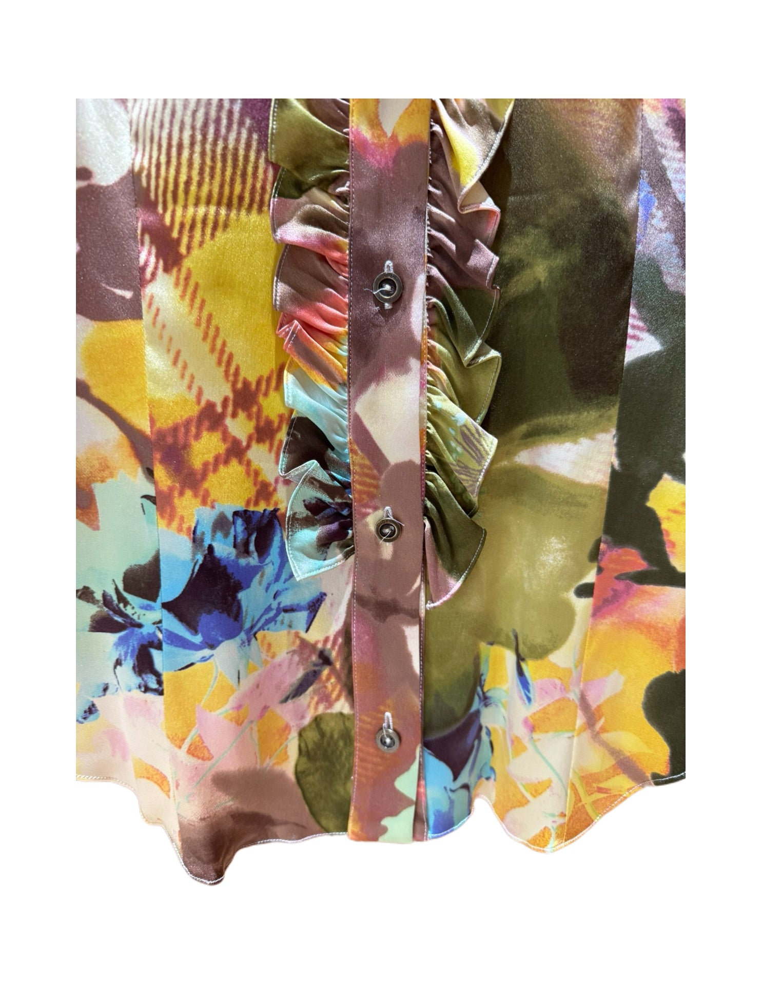 Christian Dior by John Galliano FW2001 Abstract Floral Print Silk Ruffle Sleeveless Blouse