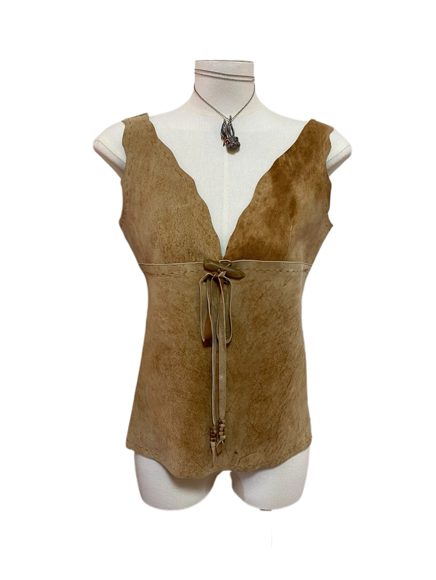 Dolce & Gabbana D&G Vintage Raw Edge Suede Tie Front Leather Vest Top – Rare Archive XS