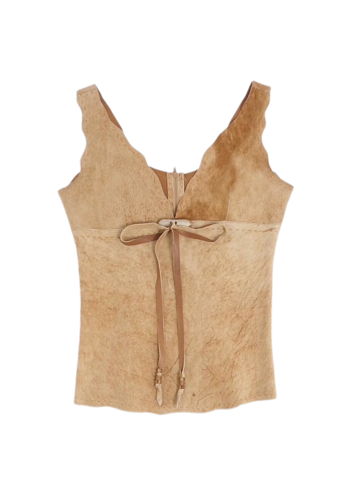 Dolce & Gabbana D&G Vintage Raw Edge Suede Tie Front Leather Vest Top – Rare Archive XS