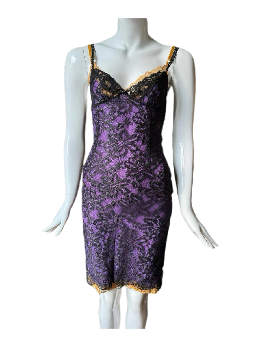 Dolce & Gabbana Lace Overlay Satin Slip Dress – Purple Noir Archive Cocktail Dress