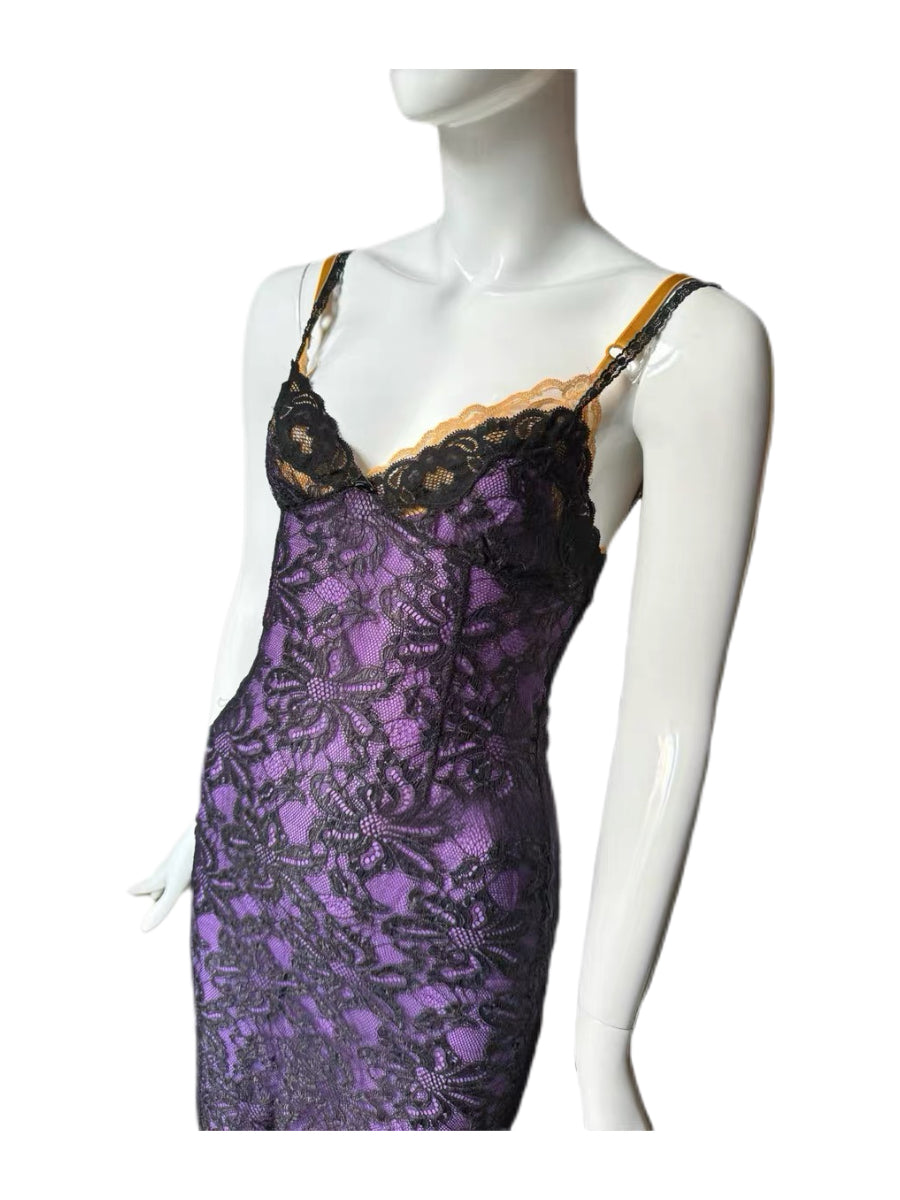 Dolce & Gabbana Lace Overlay Satin Slip Dress – Purple Noir Archive Cocktail Dress