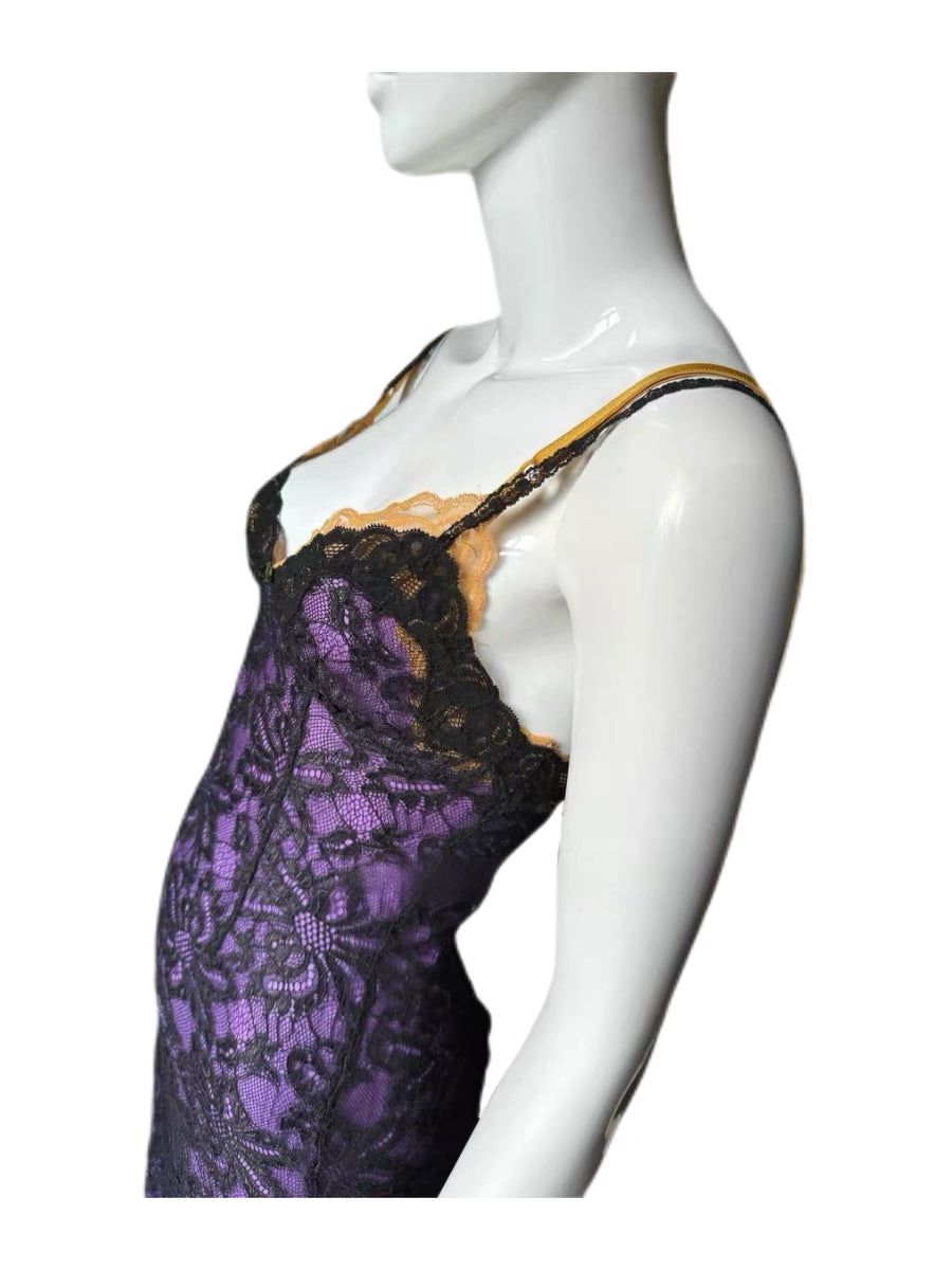 Dolce & Gabbana Lace Overlay Satin Slip Dress – Purple Noir Archive Cocktail Dress