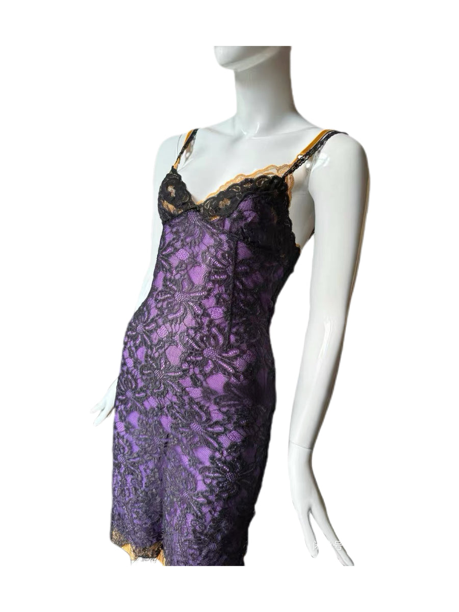 Dolce & Gabbana Lace Overlay Satin Slip Dress – Purple Noir Archive Cocktail Dress