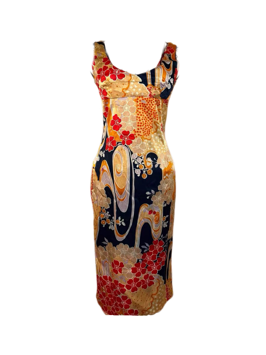Dolce & Gabbana Japanese Sakura Ukiyo-e Silk Dress – Vintage Runway Oriental Print Bodycon Dress (Size 38)