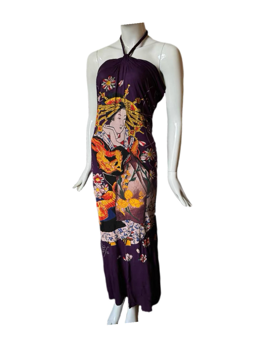 Ed Hardy by Christian Audigier Japanese Ukiyo-e Crystal Embellished Halter Dress – Purple Tattoo Era Archive Piece