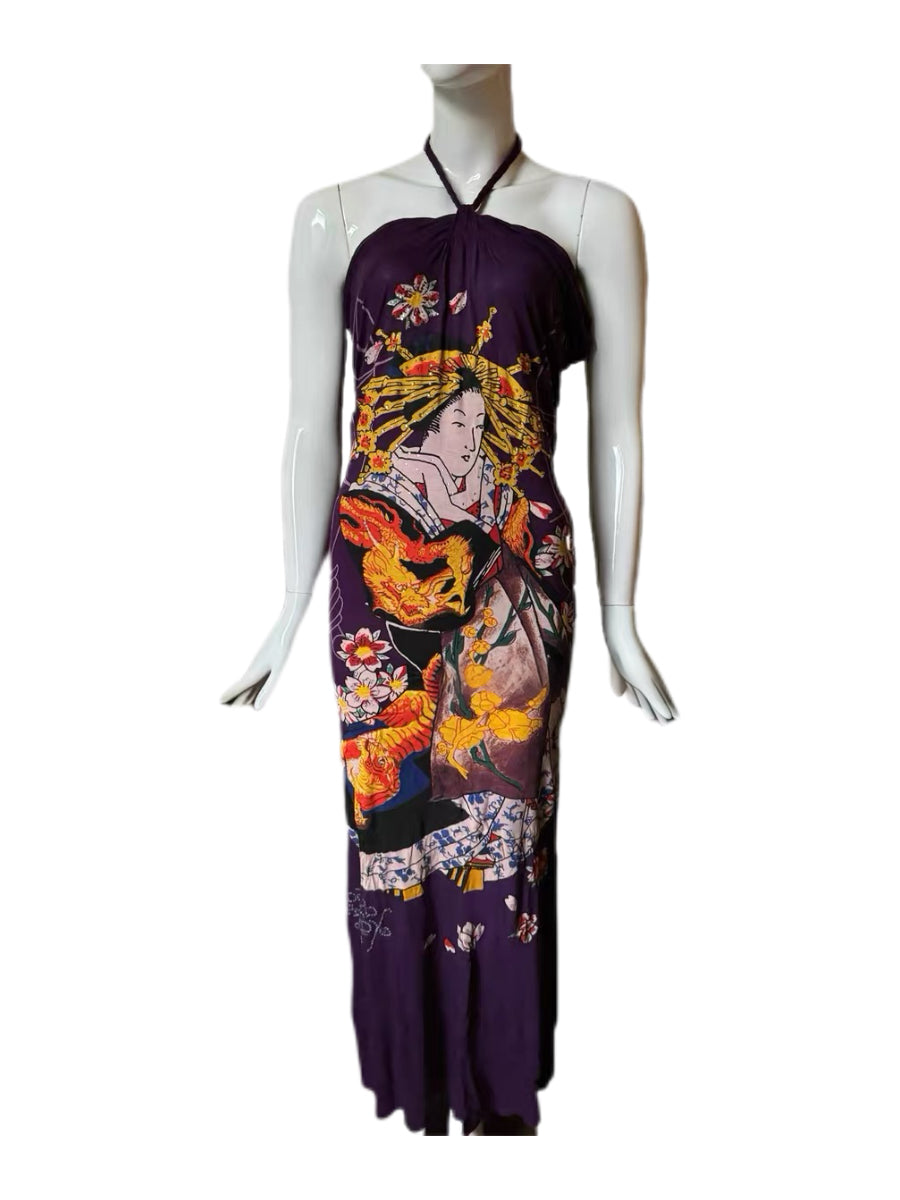 Ed Hardy by Christian Audigier Japanese Ukiyo-e Crystal Embellished Halter Dress – Purple Tattoo Era Archive Piece