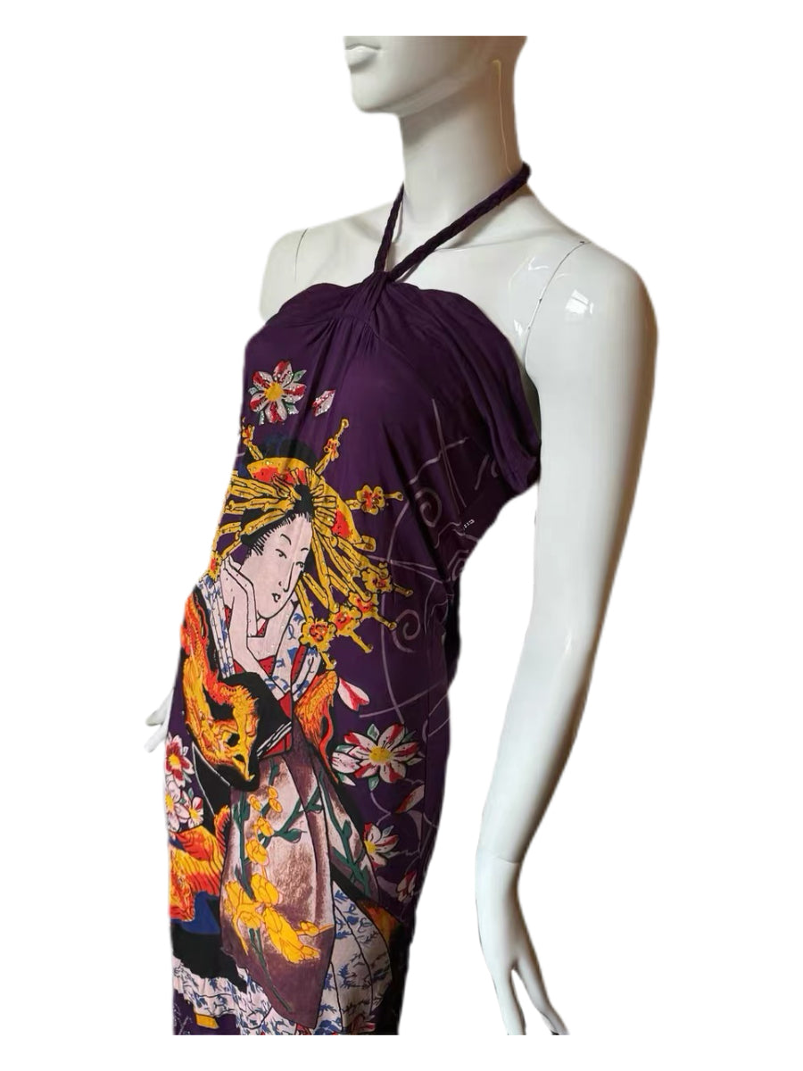 Ed Hardy by Christian Audigier Japanese Ukiyo-e Crystal Embellished Halter Dress – Purple Tattoo Era Archive Piece