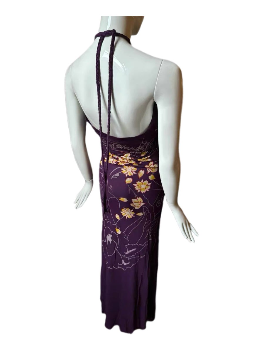 Ed Hardy by Christian Audigier Japanese Ukiyo-e Crystal Embellished Halter Dress – Purple Tattoo Era Archive Piece