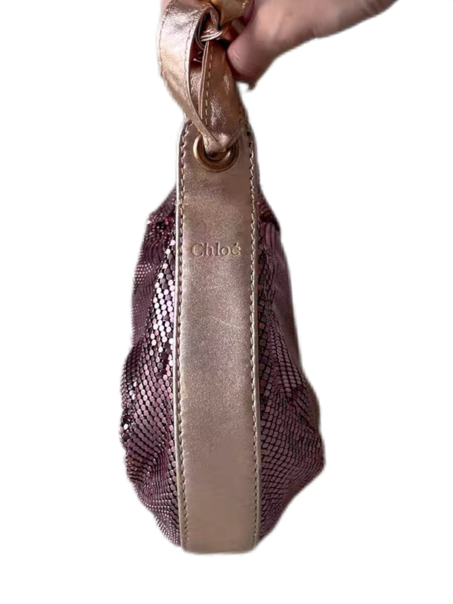 Chloé Vintage Pink Metallic Chainmail Bag – Champagne Leather Bow Handle Rare Y2K Archive Handbag