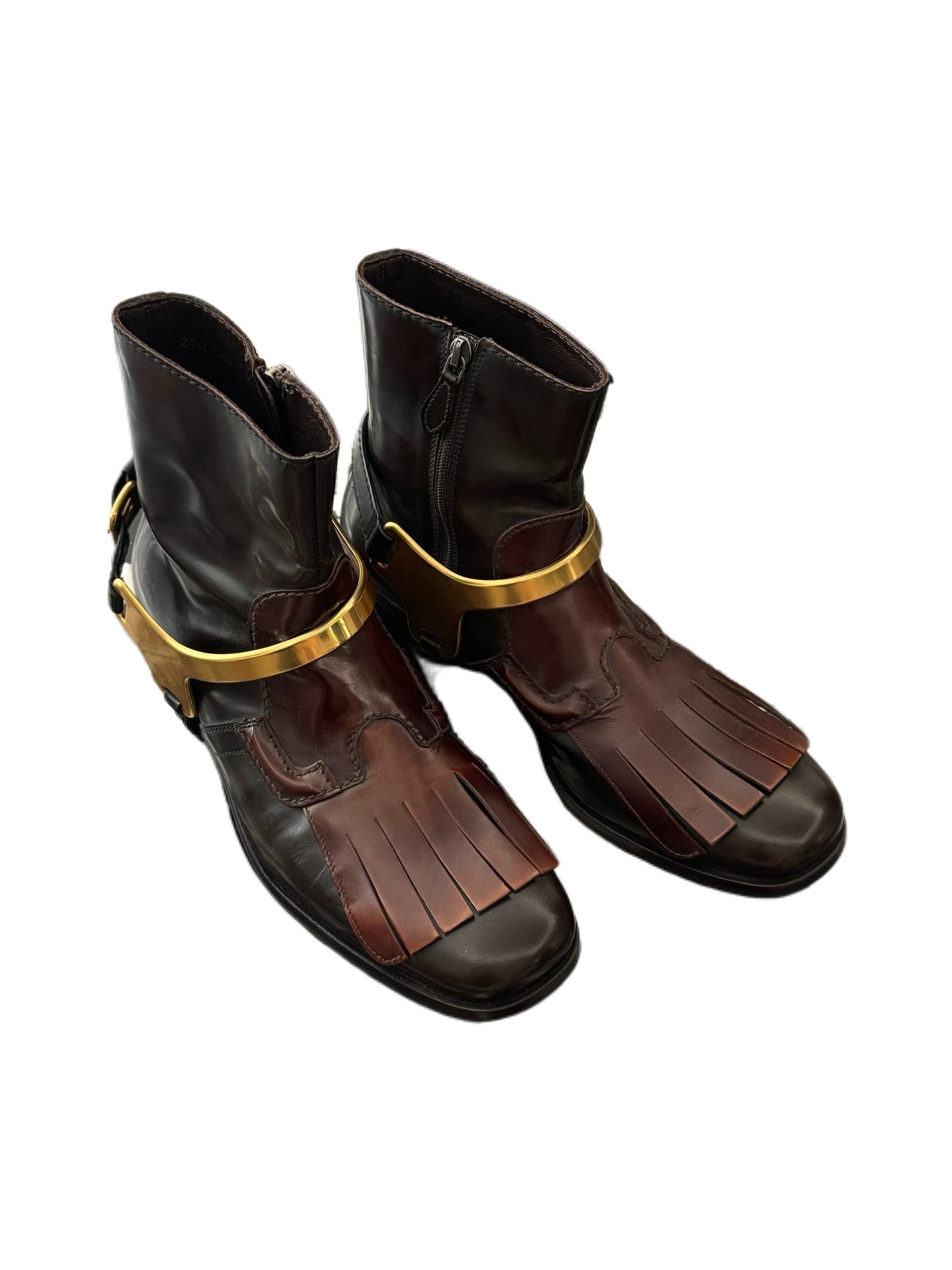Prada Men’s Archive Fringe Harness Chelsea Boots – Rare Dark Brown Leather & Gold Hardware Combat Boots