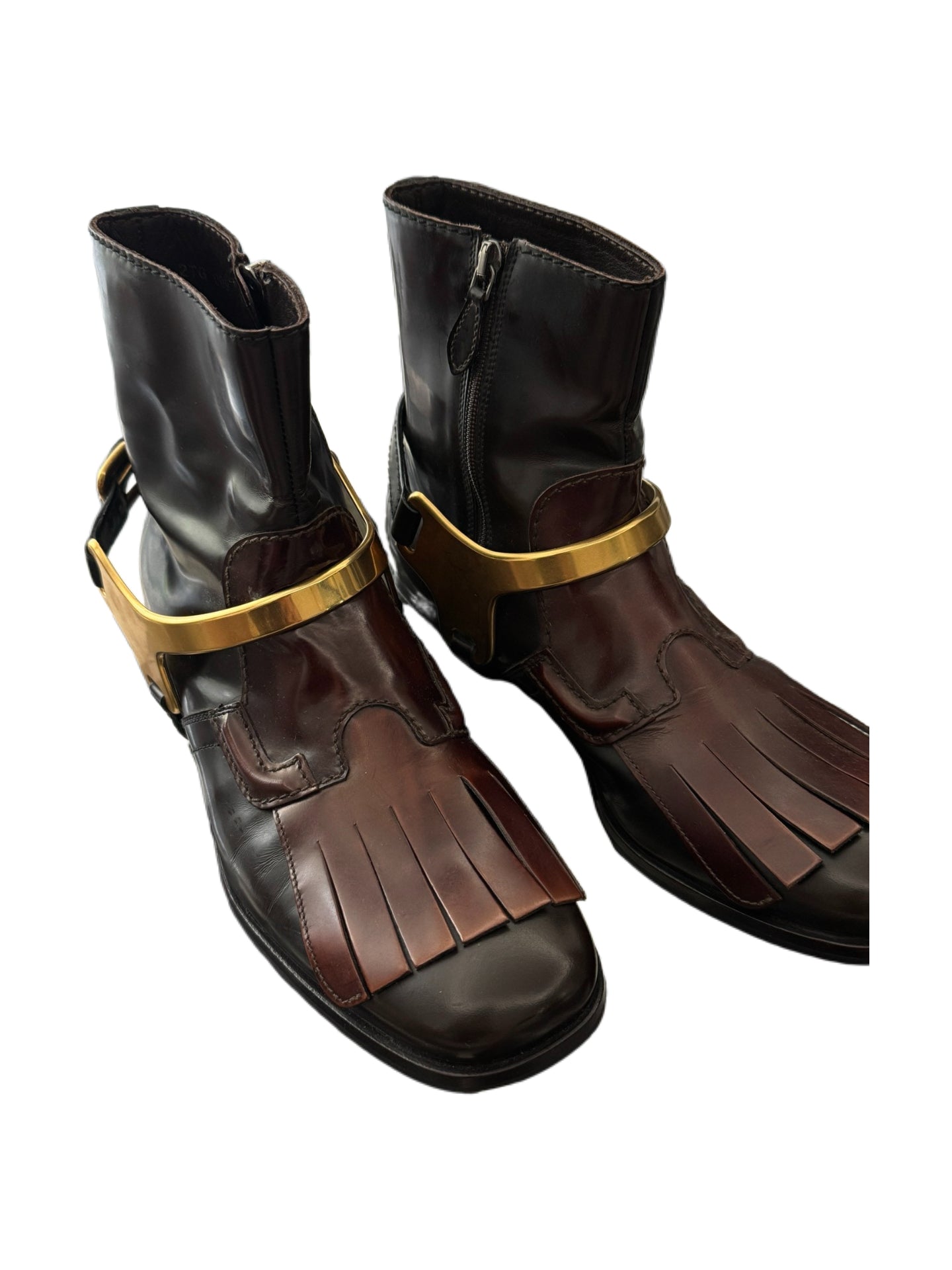Prada Men’s Archive Fringe Harness Chelsea Boots – Rare Dark Brown Leather & Gold Hardware Combat Boots