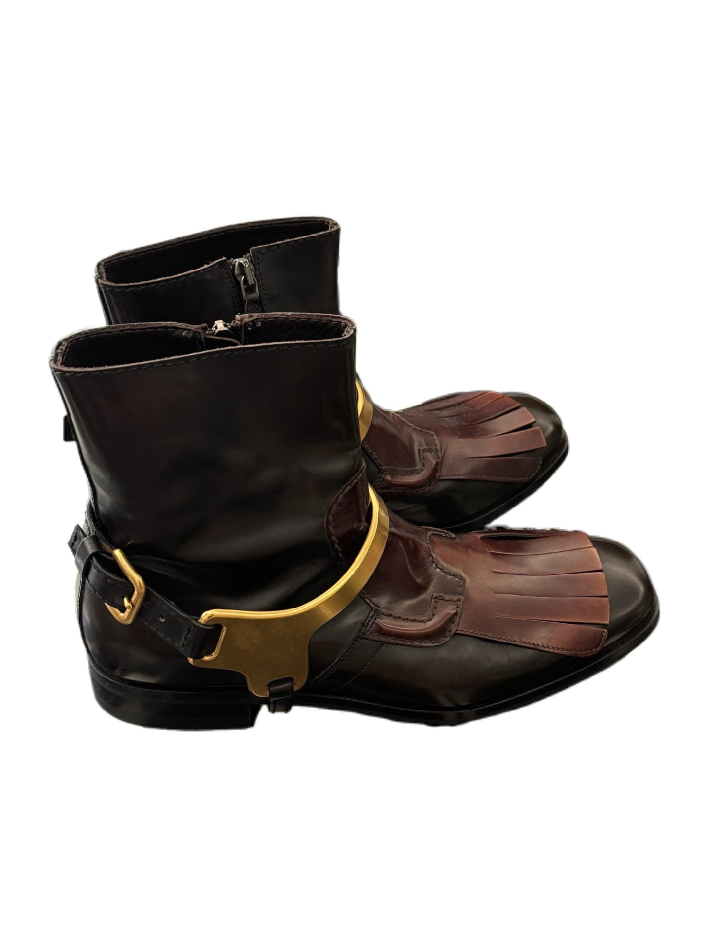 Prada Men’s Archive Fringe Harness Chelsea Boots – Rare Dark Brown Leather & Gold Hardware Combat Boots